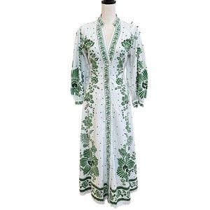 FARM Rio Forest Soul White and Green Botanical Long Sleeve Dress